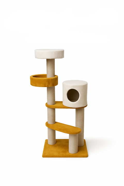 Cat tree with white and mustard yellow steps and platforms on a white background