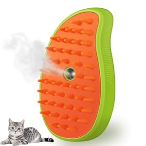 Cat grooming brush with orange and green colors on a white background