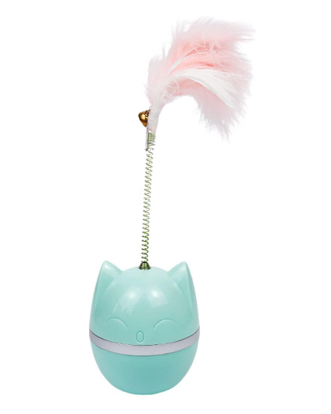 Turquoise cat-shaped toy with a pink feather on a white background