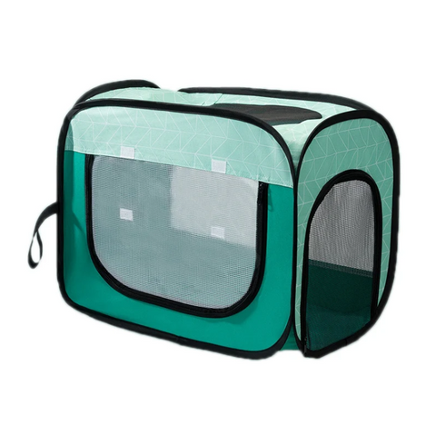Teal pet carrier with clear front panel on a white background