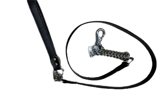 Close-up of a black leather strap with metal clasp on a white background