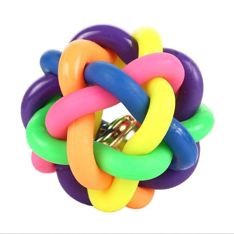 Colorful knot toy with a metal ring on a white background