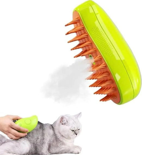 Green and orange pet grooming brush being used on a gray cat with a white background