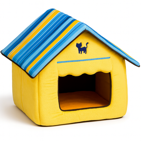 Yellow pet house with blue roof and cat icon on a white background