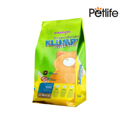 Green bag of cat litter with 'Petlife' branding on a white background