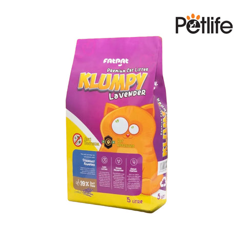 Purple and yellow bag of Petlife Klumpy Lavender cat litter on a white background