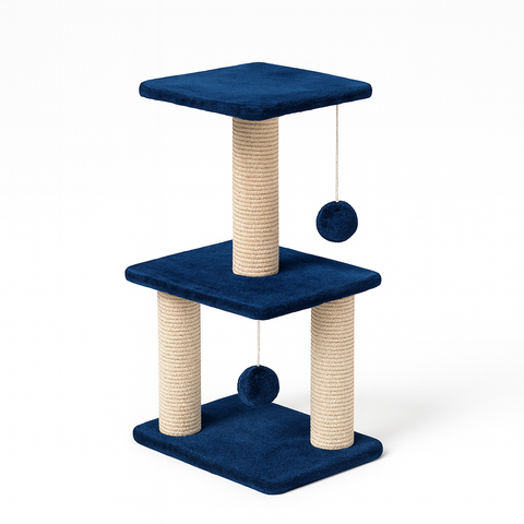 Blue and beige cat tree with two platforms and a hanging ball on a white background