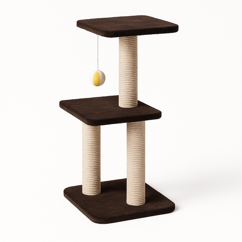 Cat tree with two platforms and a hanging ball on a white background