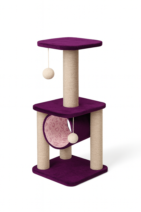 Cat tree with purple platforms and beige scratching posts on a white background