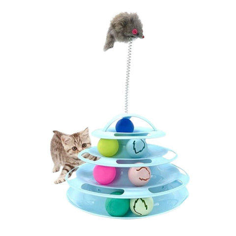 Cat toy with multiple levels and colorful balls, featuring a small cat interacting with it.