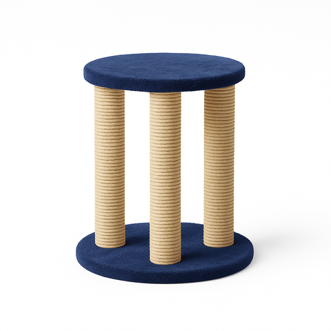 Cat climbing post with blue top and bottom, beige cylindrical sides on a white background