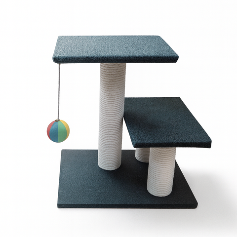 Cat tree with platforms and a hanging ball on a white background