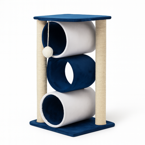 Cat play structure with blue and white cylindrical platforms on a white background