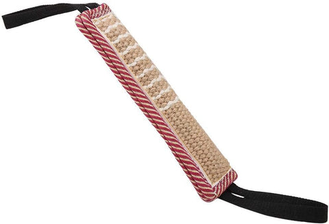 Textured strap with red and beige pattern on a white background