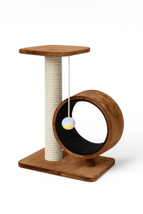 Wooden cat tree with a scratching post and a hanging ball on a white background