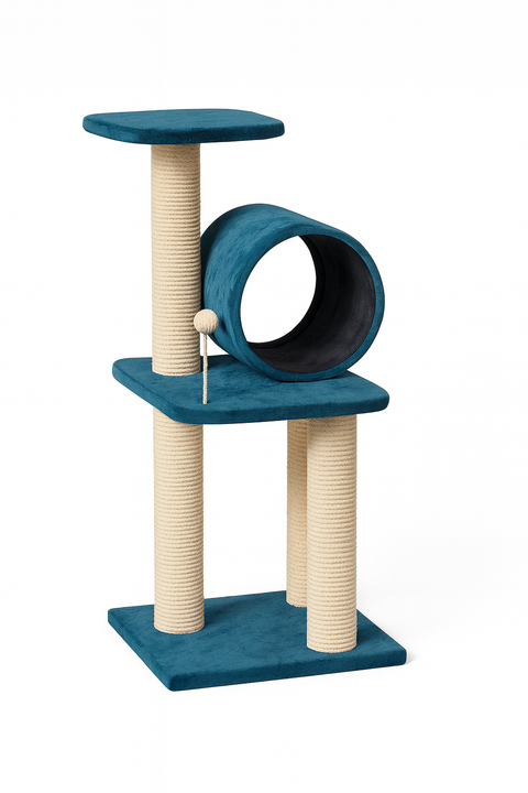 Blue and beige cat tree with a cylindrical tunnel on a white background