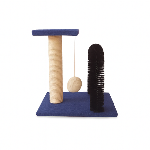 Cat play structure with scratching post, toy ball, and brush on a white background