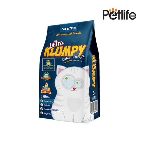 Package of Ultra Klumpy cat litter with a cartoon cat design on a white background