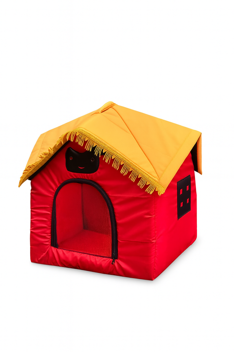 Red pet house with yellow roof on a white background
