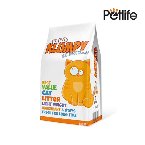Bag of Petlife Klumpy cat litter with a cartoon cat on the packaging.