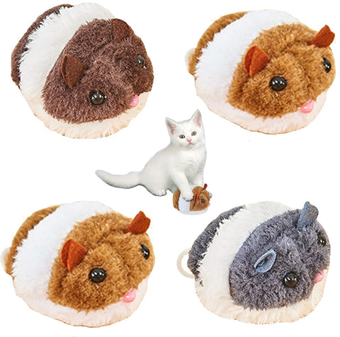 Four plush toys resembling guinea pigs with a white cat in the center on a white background