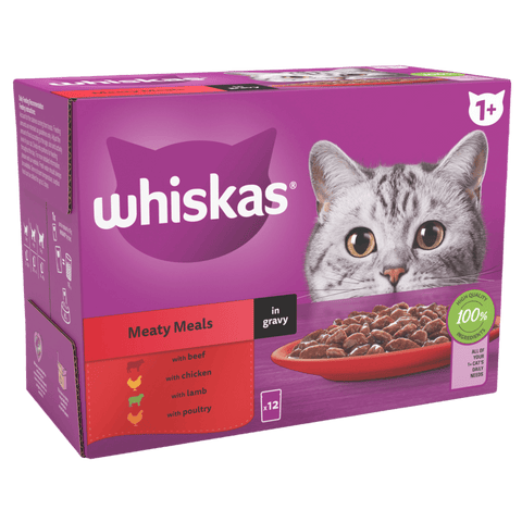 Whiskas cat food packaging with a purple background and a cat on it.