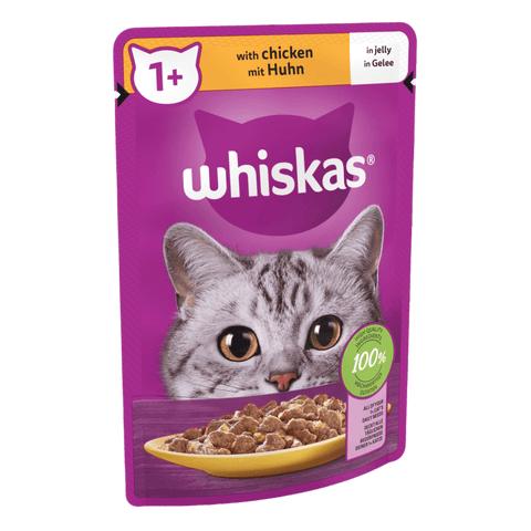 Whiskas cat food pouch with a purple background and a cat's face on it.
