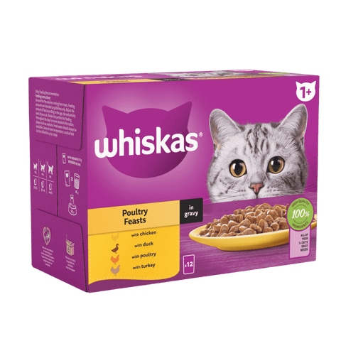 Whiskas cat food packaging with a purple background and a cat on it.