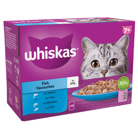 Whiskas cat food packaging with a purple background and cat image.