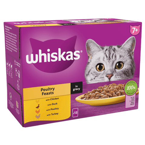 Whiskas cat food packaging with a purple background