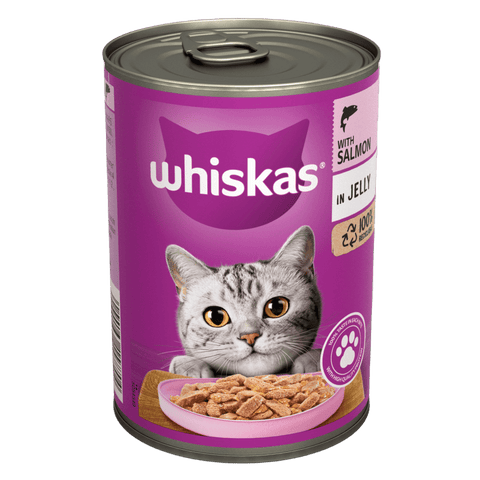 Can of Whiskas cat food with a purple label and a cat on it.