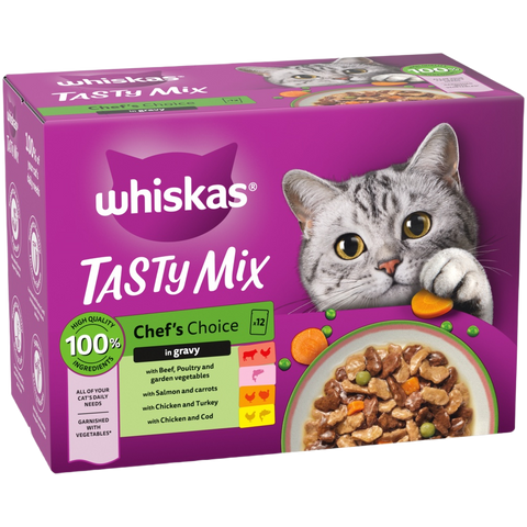 Whiskas Tasty Mix cat food packaging with a purple background