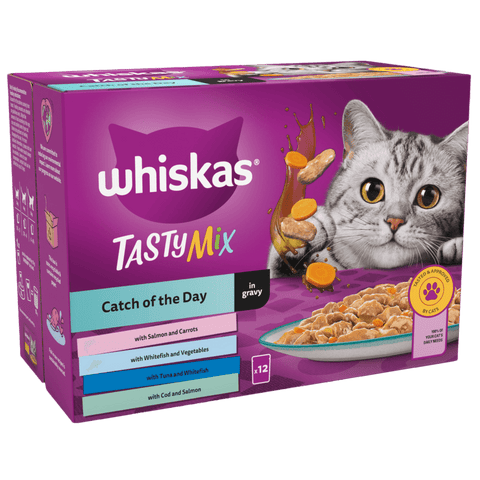 Whiskas Tasty Mix cat food packaging on a white background