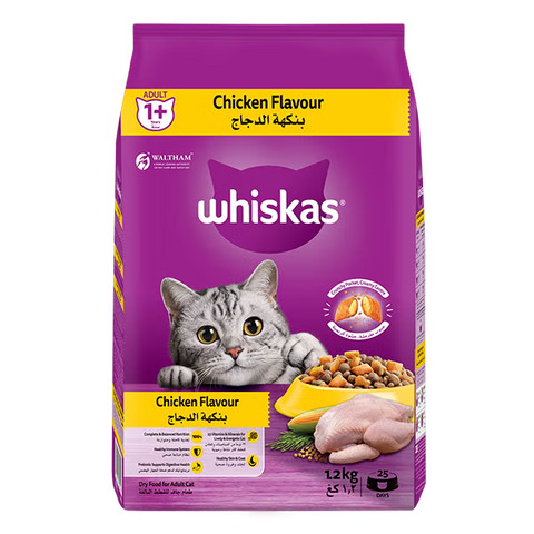 Purple package of Whiskas chicken-flavored cat food with a cat on the front.