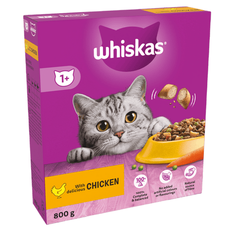 Whiskas cat food packaging with a purple background and a cat on it.