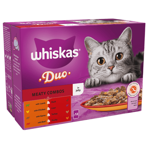 Whiskas Duo cat food packaging with a purple background and a cat on it.