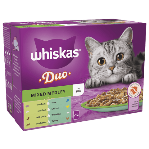 Whiskas Duo Mixed Medley cat food packaging on a white background