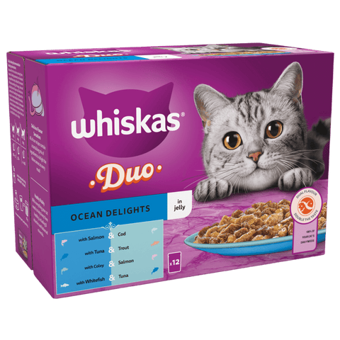 Whiskas Duo Ocean Delights cat food packaging with a cat on a purple background