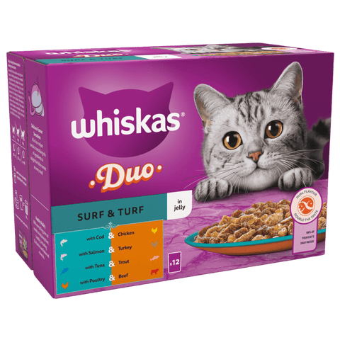 Whiskas Duo Surf & Turf cat food packaging with a purple background