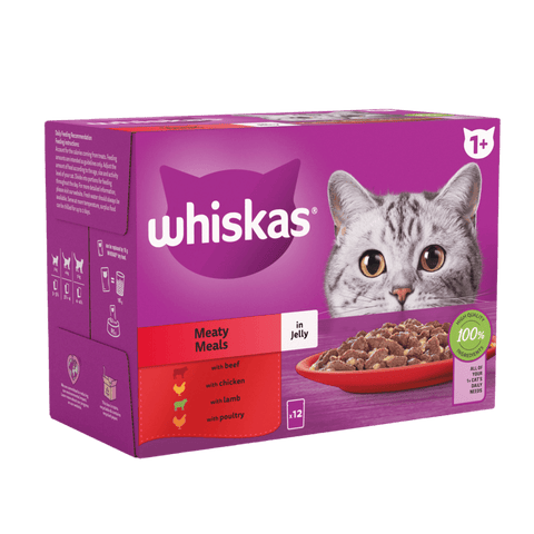 Whiskas cat food packaging with a purple background