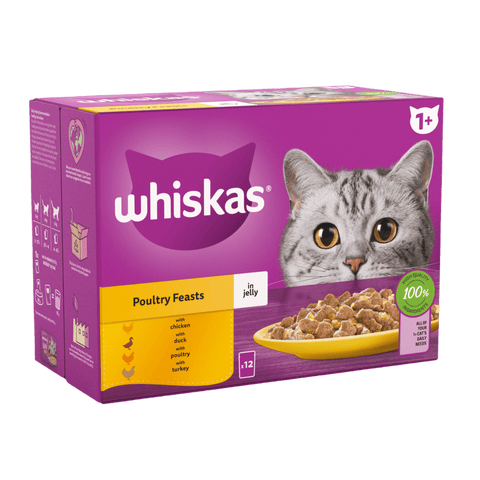 Whiskas cat food packaging with a purple background