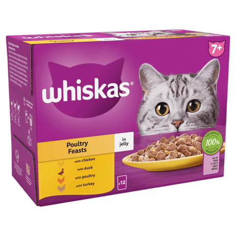 Whiskas cat food package with a purple background and a gray cat on it.