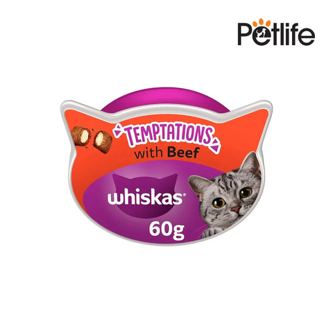 Whiskas Temptations with Beef cat treat packaging on a white background