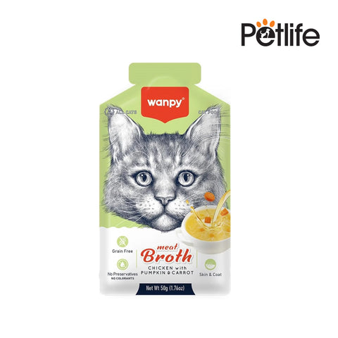Wanpy cat food pouch with a illustration of a cat's face on a white background