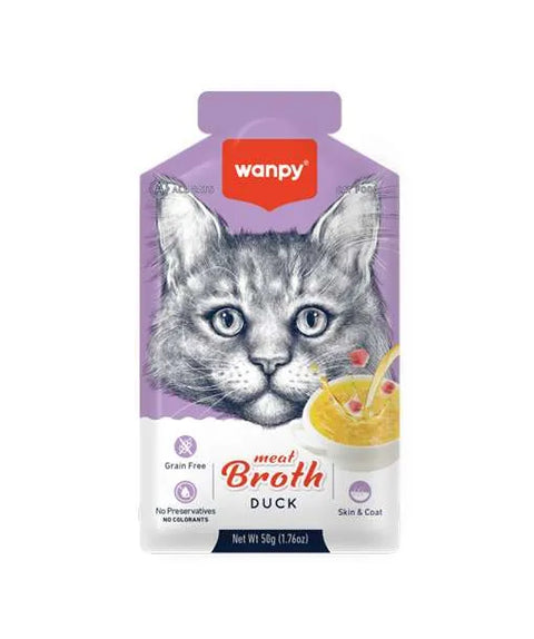 Wanpy cat food pouch with a purple background featuring a cat illustration and text.