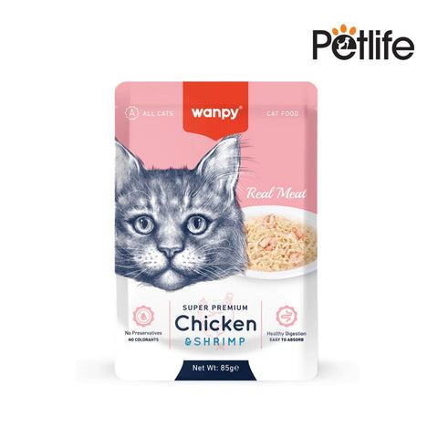 Wanpy cat food package with a pink background and cat illustration on a white background