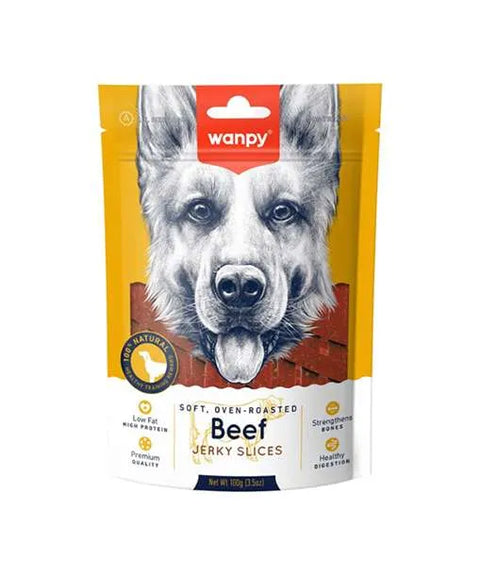 Package of wanpy beef jerky slices for dogs on a white background