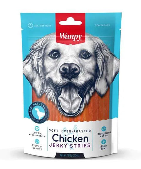 Wanpy Chicken Jerky Strips packaging for dogs on a white background