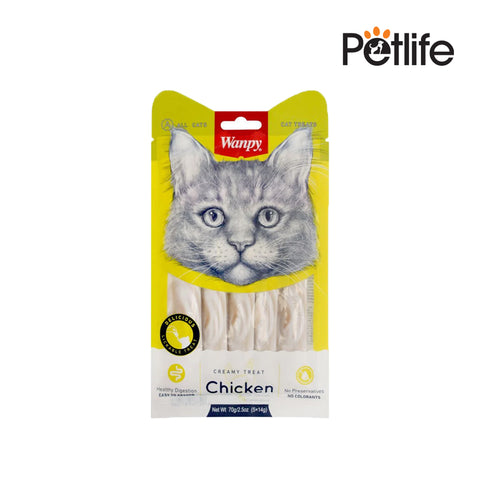 Cat treat package with yellow background and cat face, featuring the brand 'Petlife'.