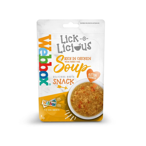 Lick-e-Licious Webbox Soup snack packaging for kittens on a white background